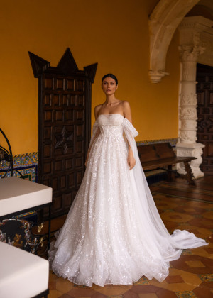 Off Shoulder Beaded Ivory Lace Tulle Shiny Wedding Dress
